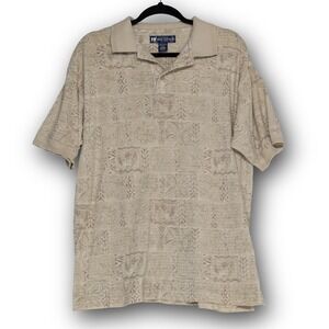 Big Dogs Polo Shirt Mens Medium Beige Excellent Tropical Floral Short Sleeve